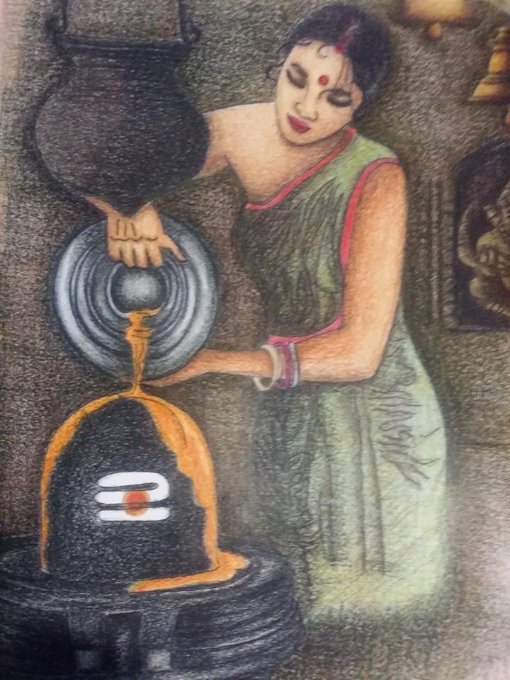 Lady Pouring Ghee on Shivalingam Art by Sujata Nandy – Awakening The ...